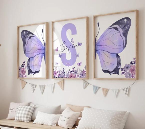 Kit 3 Quadros Moldura Borboleta Berçário Flores Roxo 34x44