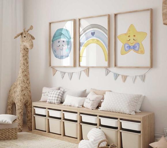 Kit 3 Quadros Boho Lua Arco Íris Estrela Infantil Menino A3