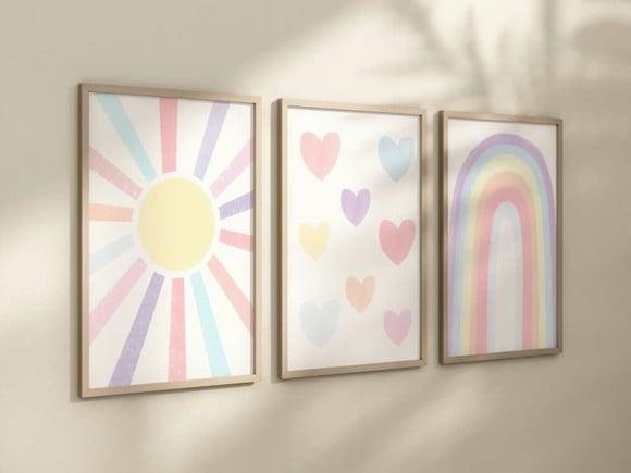 Kit 3 Quadros Moldura Boho Love Sol Arco-iris Cor Pastel A4