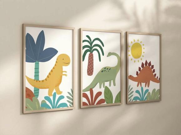 Kit 3 Quadros Decorativos Dinossauro Berçário A4 24x34
