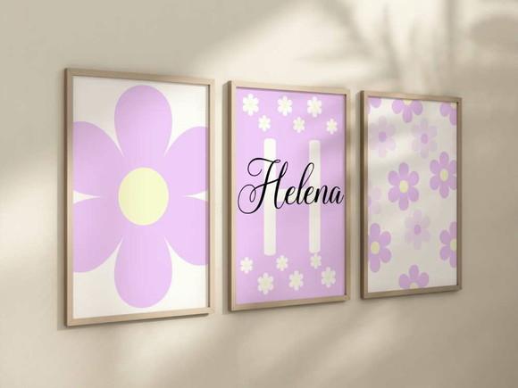 Kit 3 Quadros Decorativos Boho Flores Florido Berçário A4