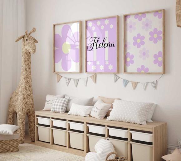 Kit 3 Quadros Decorativos Boho Flores Florido Berçário A3