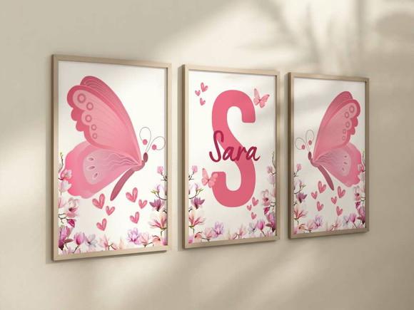 Kit 3 Quadros Moldura Borboleta Berçário Flores e 24x34