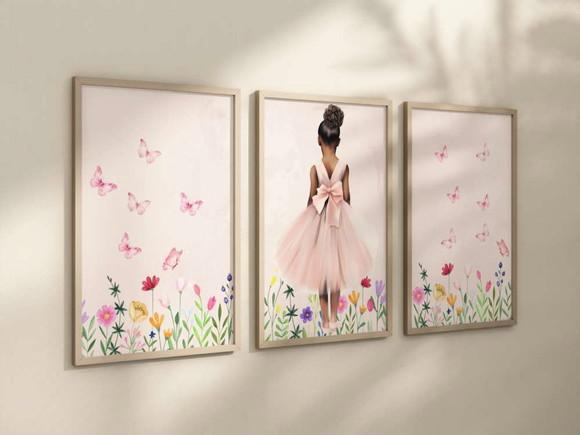 Kit 3 Quadros Decorativos com Moldura Bailarina Menina Balé