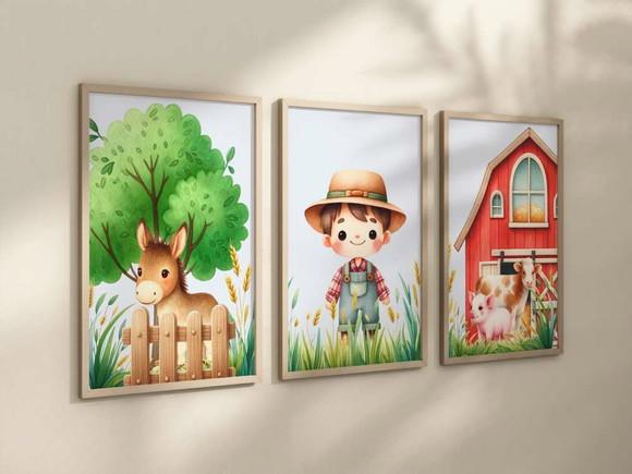 Kit 3 Quadros Decorativo Menino Aventureiro Fazendinha A4