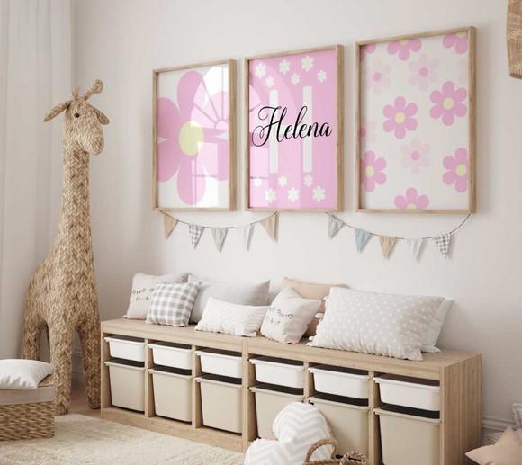 Kit 3 Quadros Decorativos Boho Flores Florido Berçário A3