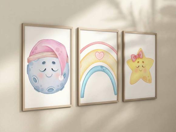 Kit 3 Quadros Boho Lua Arco Íris Estrela Infantil Menina A4