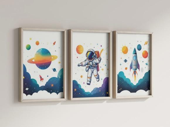 Kit 3 Quadros Decorativo Moldura Astronauta a Infantil 24x34