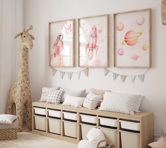 Kit 3 Quadros Decorativo Moldura Astronauta Menina A3