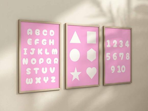 Kit 3 Quadros Moldura Alfabeto Números Formas Menina