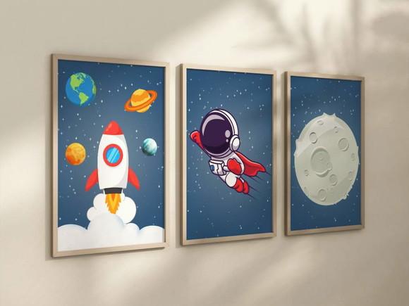 Kit 3 Quadros Decorativo Moldura Astronauta Infantil c