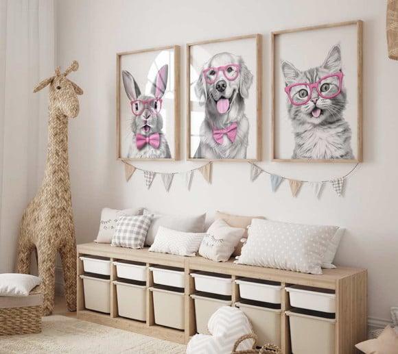 Kit 3 Quadros Decorativo Moldura Cachorro Gato Coelho Óculos