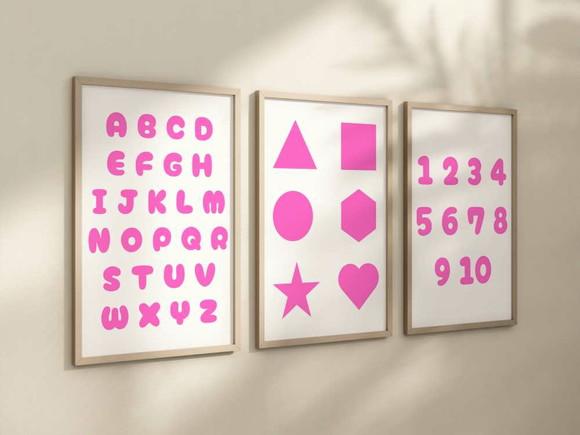 Kit 3 Quadros Moldura Alfabeto Números Formas Menina