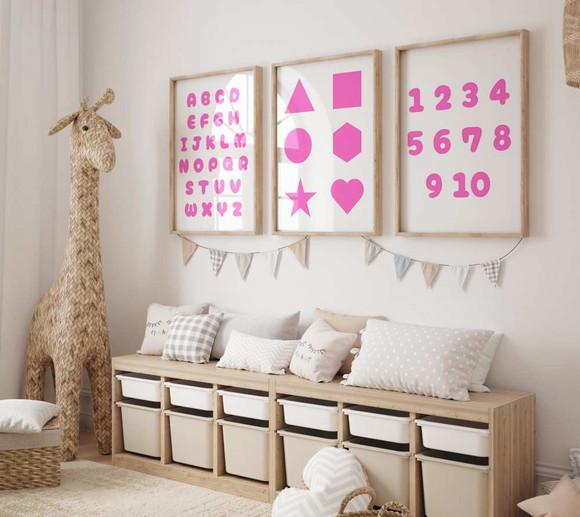 Kit 3 Quadros Moldura Alfabeto Números Formas Menina