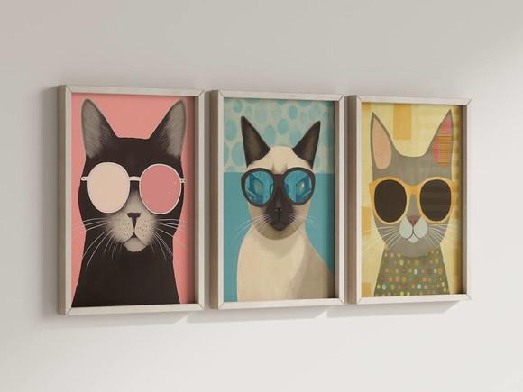 Kit 3 Quadros Decorativo Moldura Gato Arte Óculos