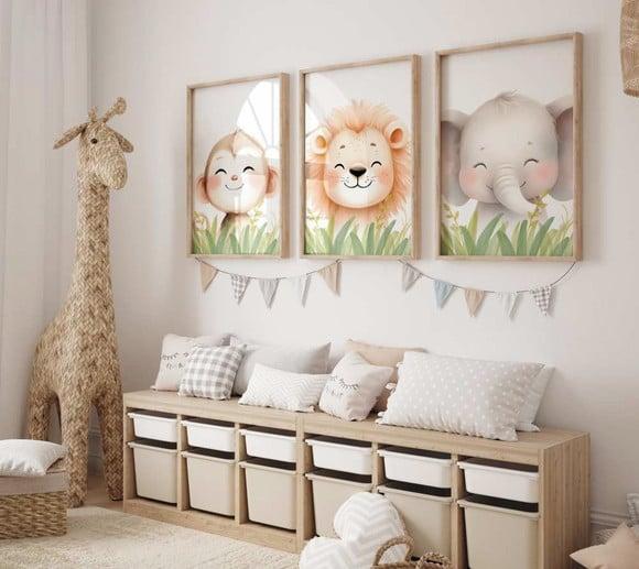 Kit 3 Quadros Decorativos Moldura Bebe Safari Animal A3