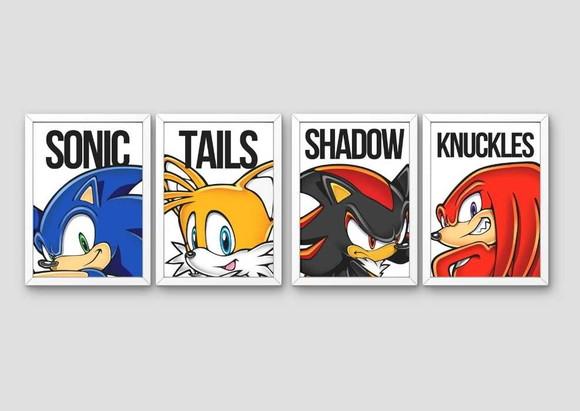 Kit 4 Quadros c/ Moldura Sonic Personagens Artes A3