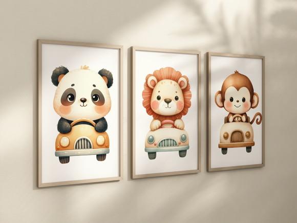 Kit 3 Quadros Decorativos Moldura Bebe Safari Carrinho A4