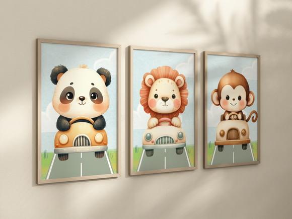 Kit 3 Quadros Decorativos Moldura Bebe Safari Carrinho A4