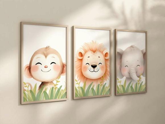 Kit 3 Quadros Decorativos Moldura Bebe Safari Animal A4