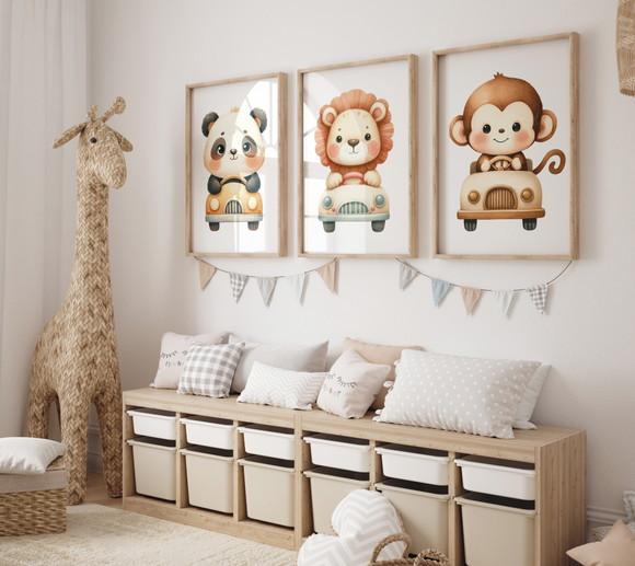 Kit 3 Quadros Decorativos Moldura Bebe Safari Carrinho A3