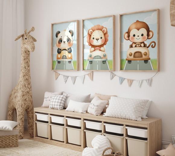 Kit 3 Quadros Decorativos Moldura Bebe Safari Carrinho A3