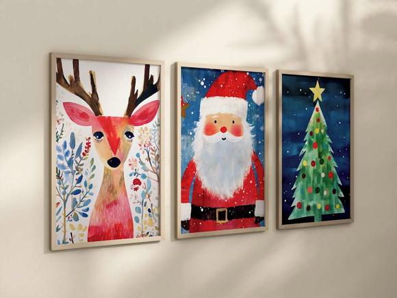 Kit 3 Quadros Decorativo Moldura Papai Noel Natal A4 24x34