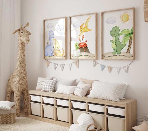 Kit 3 Quadros Decorativos Moldura Dinossauro Baby A3 34x44
