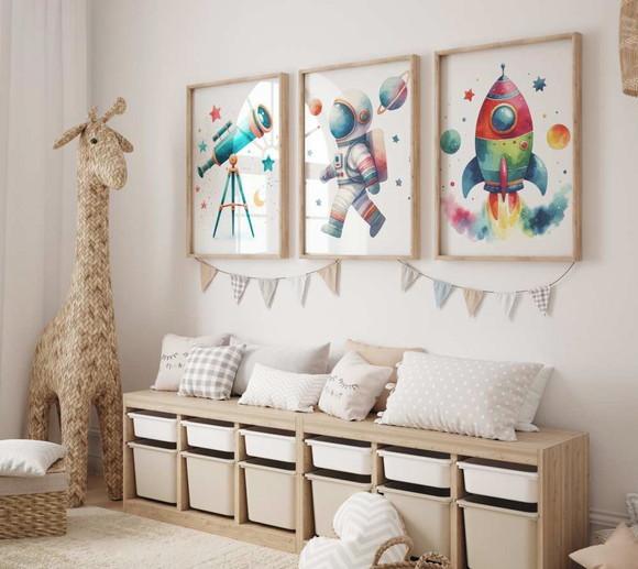 Kit 3 Quadros Decorativo Moldura Astronauta D Infantil 34x44