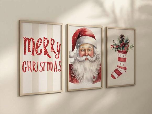 Kit 3 Quadros Decorativo Moldura Papai Noel Natal A4 24x34