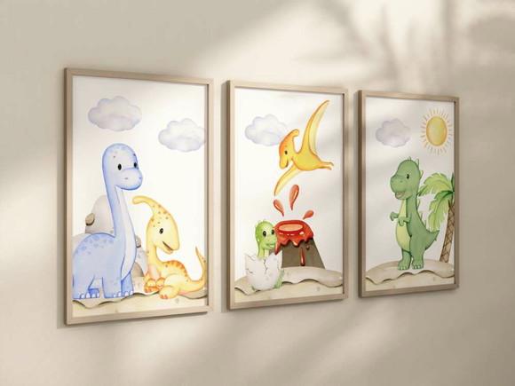 Kit 3 Quadros Decorativos Moldura Dinossauro Baby A4 24x34