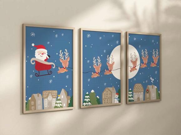 Kit 3 Quadros Decorativo Moldura Papai Noel Natal A4 24x34