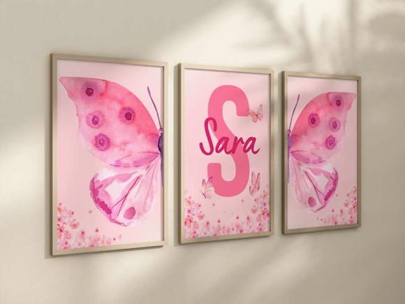 Kit 3 Quadros Moldura Borboleta Berçário Flores Rosa 24x34