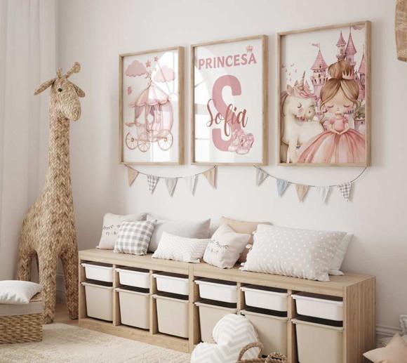 Kit 3 Quadros Moldura Princesa Berçário Rosa A3 34x44