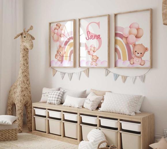 Kit 3 Quadros Decorativo Moldura Ursinhos Menina A3 34x44