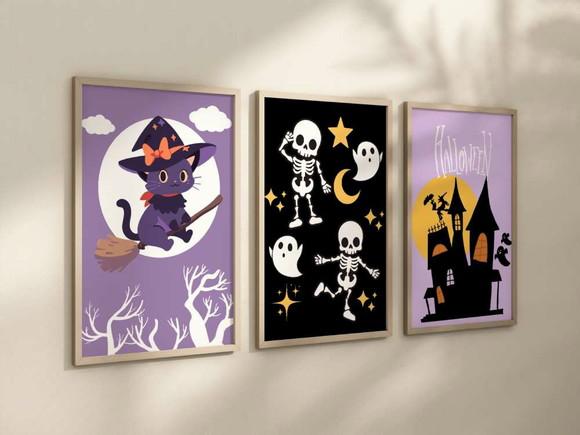 Kit 3 Quadros Decorativo Moldura Halloween Decoração 24x34