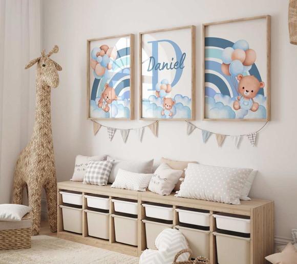 Kit 3 Quadros Decorativo Moldura Ursinhos Menino A3 34x44