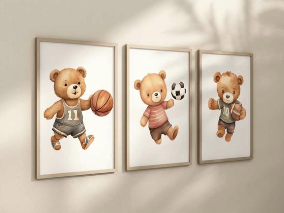 Kit 3 Quadros Moldura Ursinho Bola Berçário 24x34