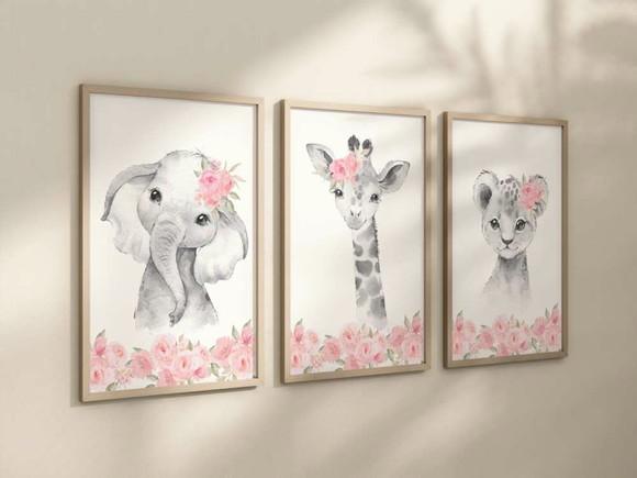 Kit 3 Quadros Decorativos Moldura Bebe Safari Menina 24x34