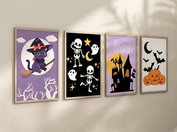 Kit 4 Quadros Decorativo Moldura Halloween Decoração 24x34