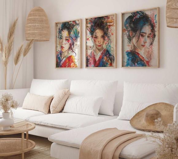 Kit 3 Quadros Decorativos Moldura Queixa Japonês A3 34x44