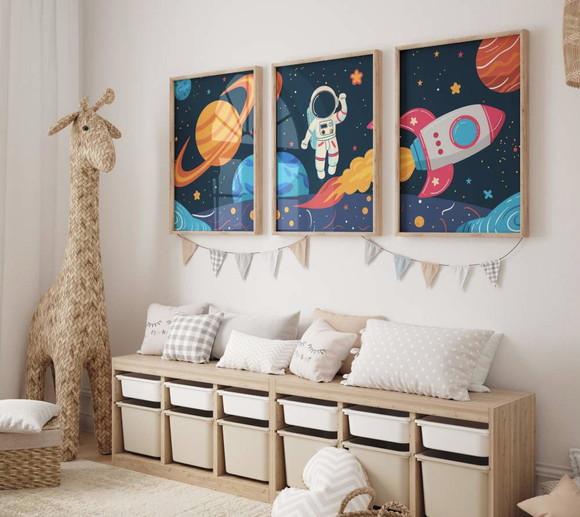Kit 3 Quadros Decorativo Moldura Astronauta B Infantil 34x44