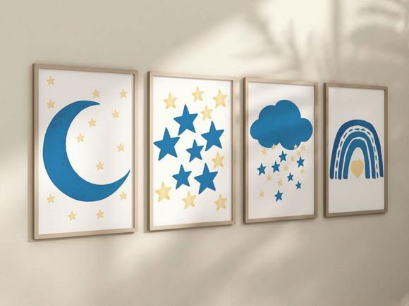 Kit 4 Quadros Boho Lua Estrela e Nuvem Infantil Decorar A4