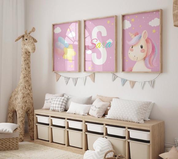 Kit 3 Quadros Moldura Unicórnio Estrelinha Berçário A3 34x44