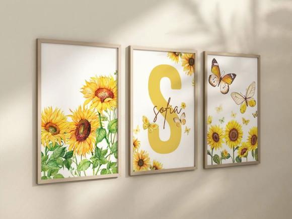Kit 3 Quadros Moldura Borboleta Berçário Flores D 24x34