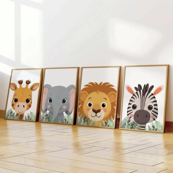 Kit 4 Quadros Moldura Bebe Safari Berçário A3 34x44