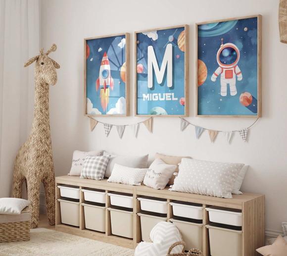 Kit 3 Quadros Decorativo Moldura Astronauta Infantil Pers A3
