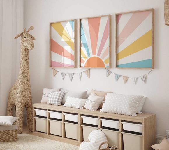 Kit 3 Quadros Boho Nascer do Sol Infantil Berçário A3