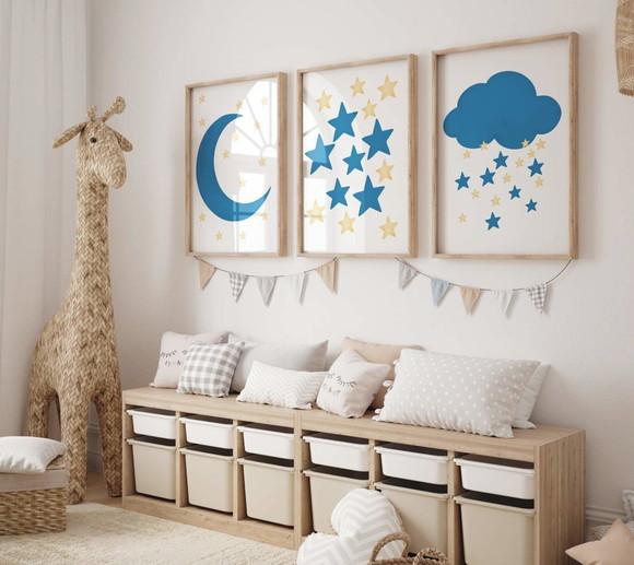 Kit 3 Quadros Boho Lua Estrela e Nuvem Infantil Decorar A3