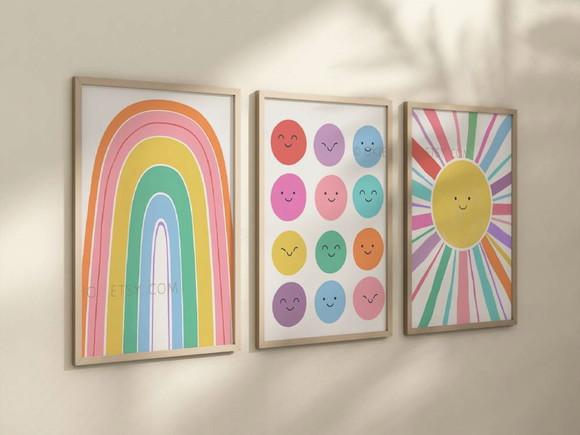 Kit 3 Quadros Boho Arco-iris Emoticon Sol Infantil Decora